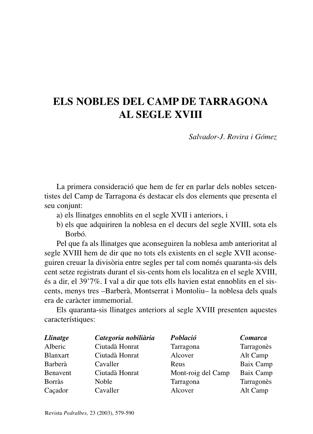 Els Nobles Del Camp De Tarragona Al Segle Xviii