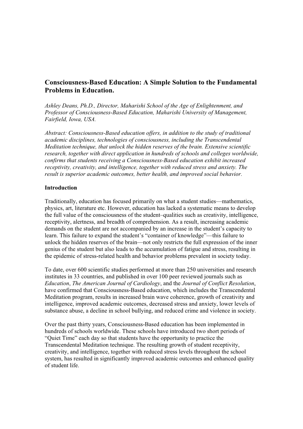 Consciousness-Based Education: a Simple Solution to the Fundamental Problems in Education