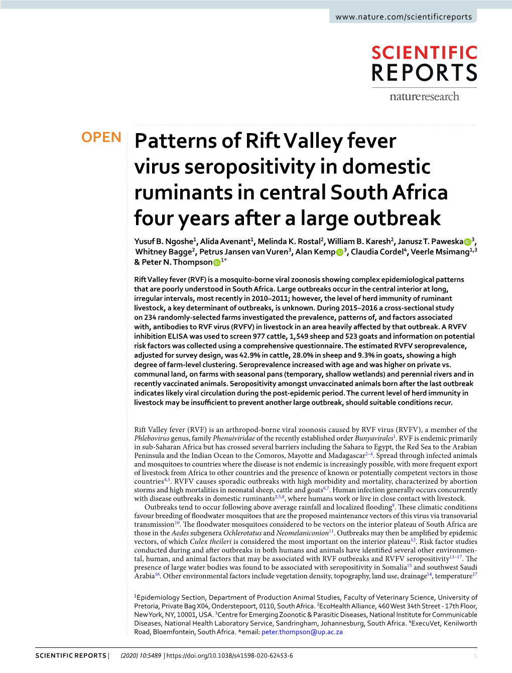 Patterns of Rift Valley Fever Virus Seropositivity in Domestic Ruminants in Central South Africa Four Years After a Large Outbreak Yusuf B