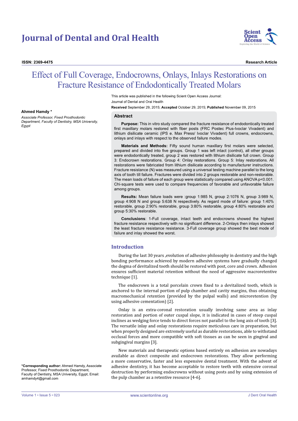 Effect of Full Coverage, Endocrowns, Onlays, Inlays Restorations on Fracture Resistance of Endodontically Treated Molars