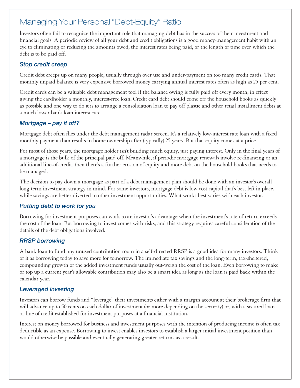 Managing Your Personal “Debt-Equity” Ratio