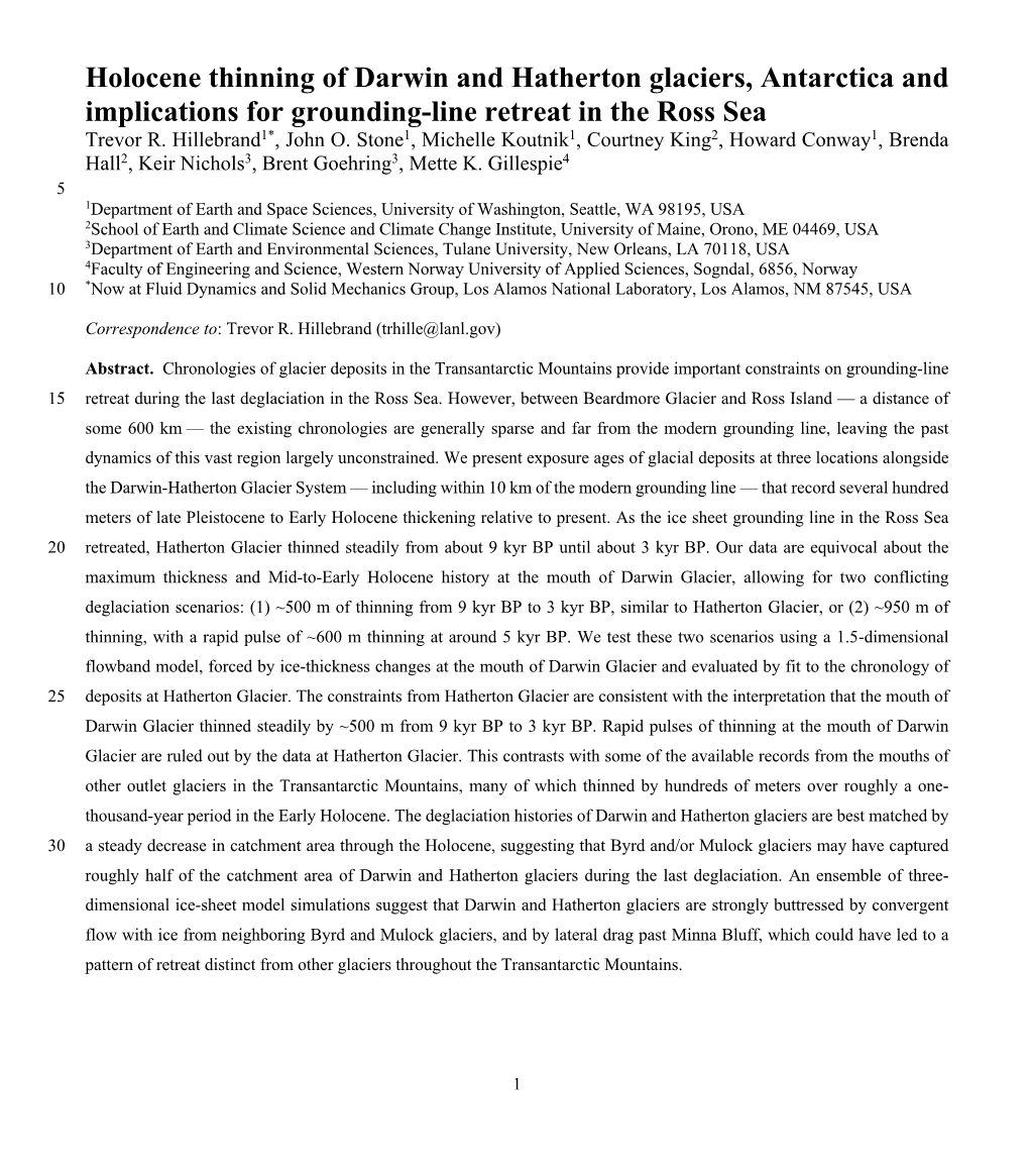 Holocene Thinning of Darwin and Hatherton Glaciers, Antarctica and Implications for Grounding-Line Retreat in the Ross Sea Trevor R