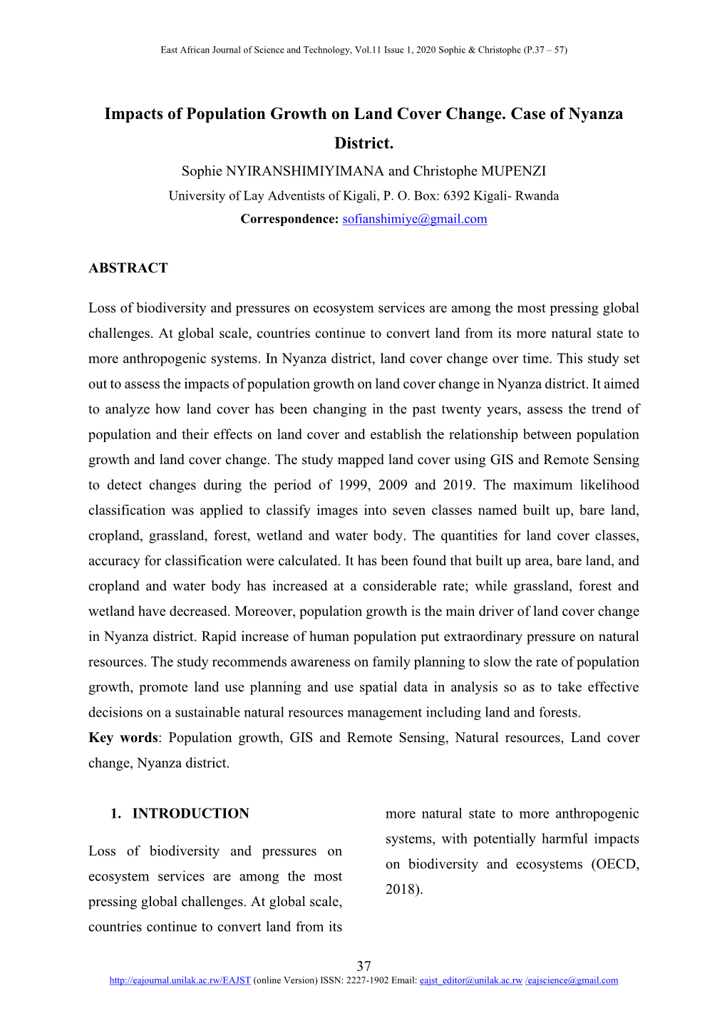 Impacts of Population Growth on Land Cover Change. Case of Nyanza District