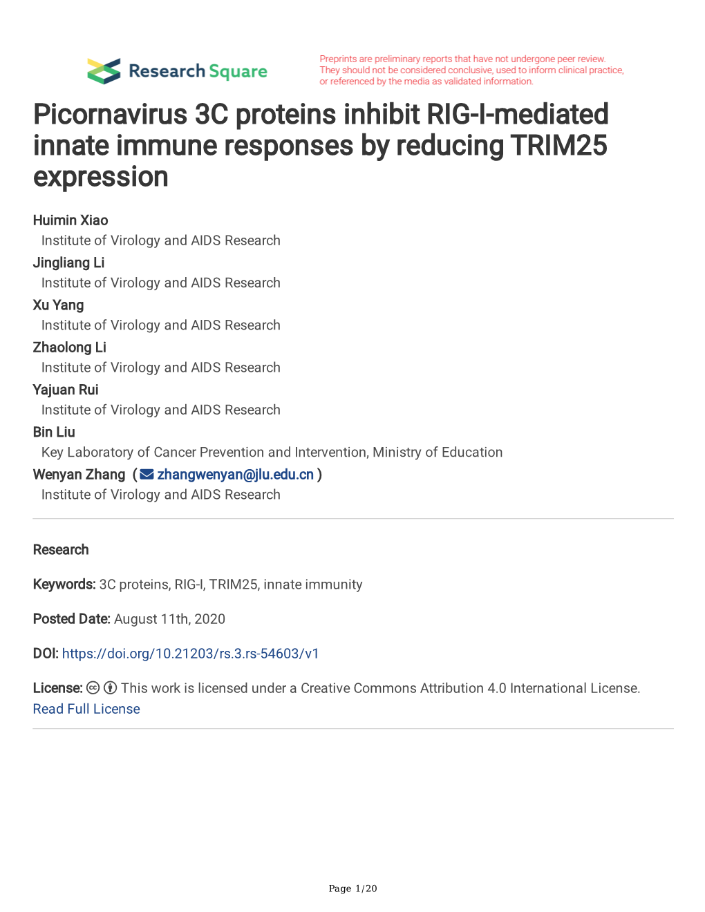 Picornavirus 3C Proteins Inhibit RIG-I-Mediated Innate Immune Responses by Reducing TRIM25 Expression