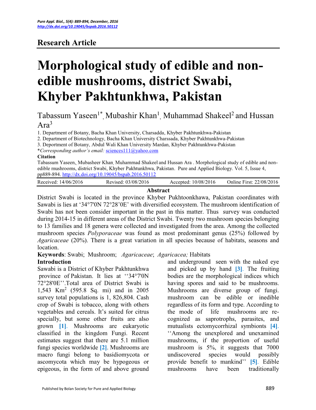 Morphological Study of Edible and Non-Edible Mushrooms, District Swabi