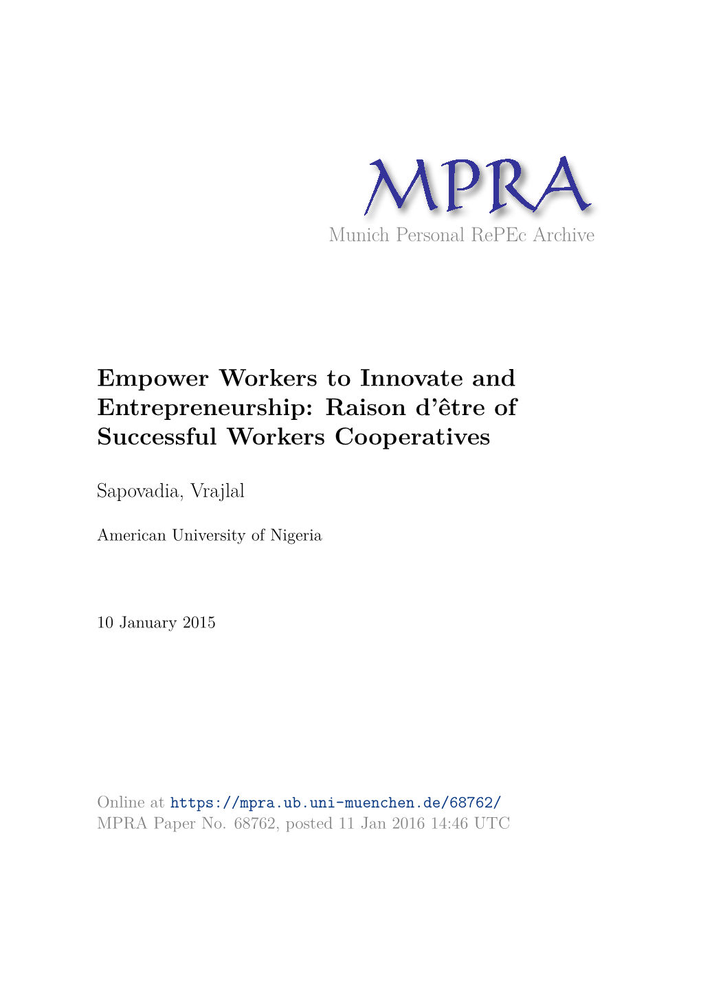 Raison D'être of Successful Workers Cooperatives” Dr