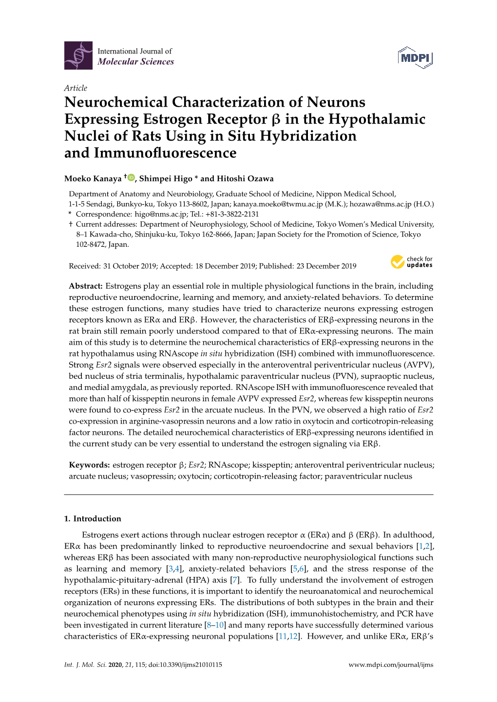 Neurochemical Characterization of Neurons Expressing Estrogen Receptor Β in the Hypothalamic Nuclei of Rats Using in Situ Hybridization and Immunoﬂuorescence