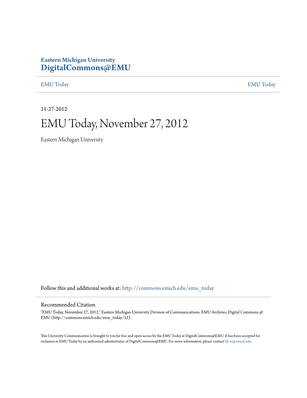 EMU Today, November 27, 2012 Eastern Michigan University
