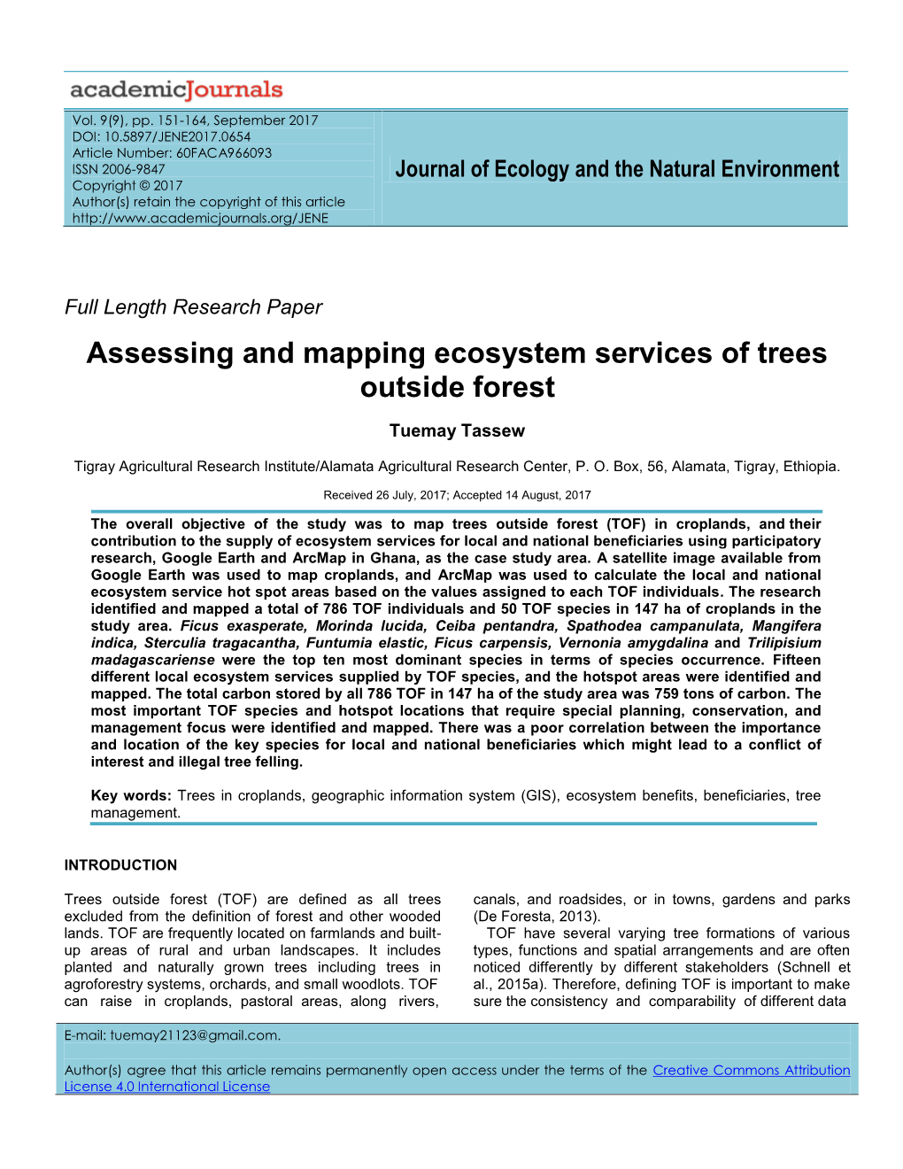 Assessing and Mapping Ecosystem Services of Trees Outside Forest