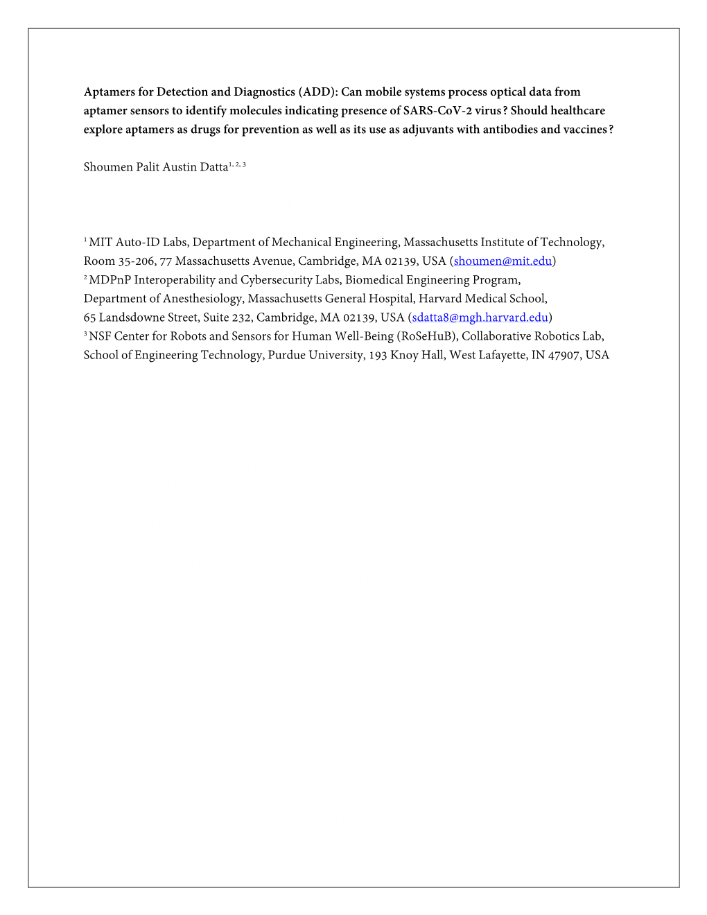 Aptamers for Detection and Diagnostics (ADD)