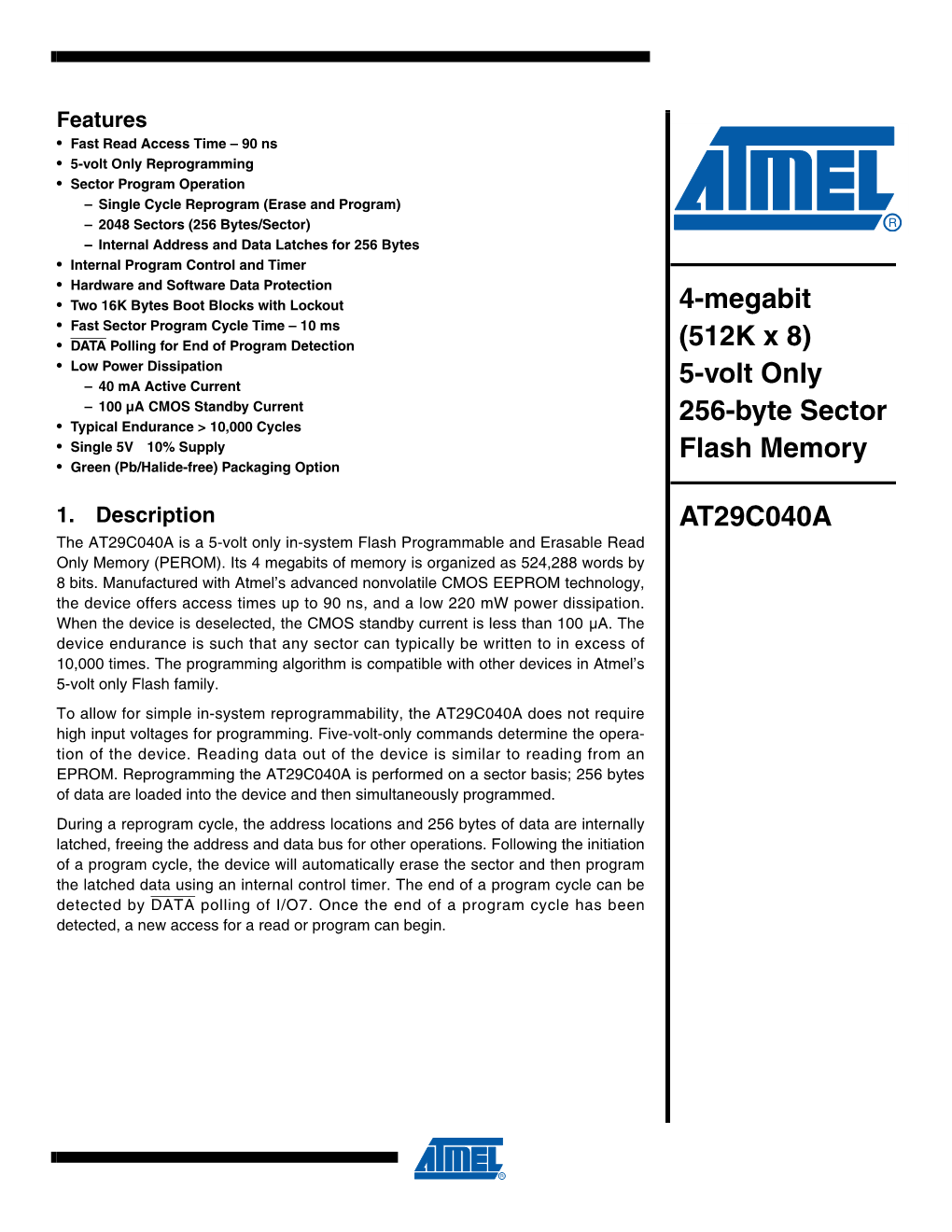 4-Megabit (512K X 8) 5-Volt Only 256-Byte Sector Flash Memory