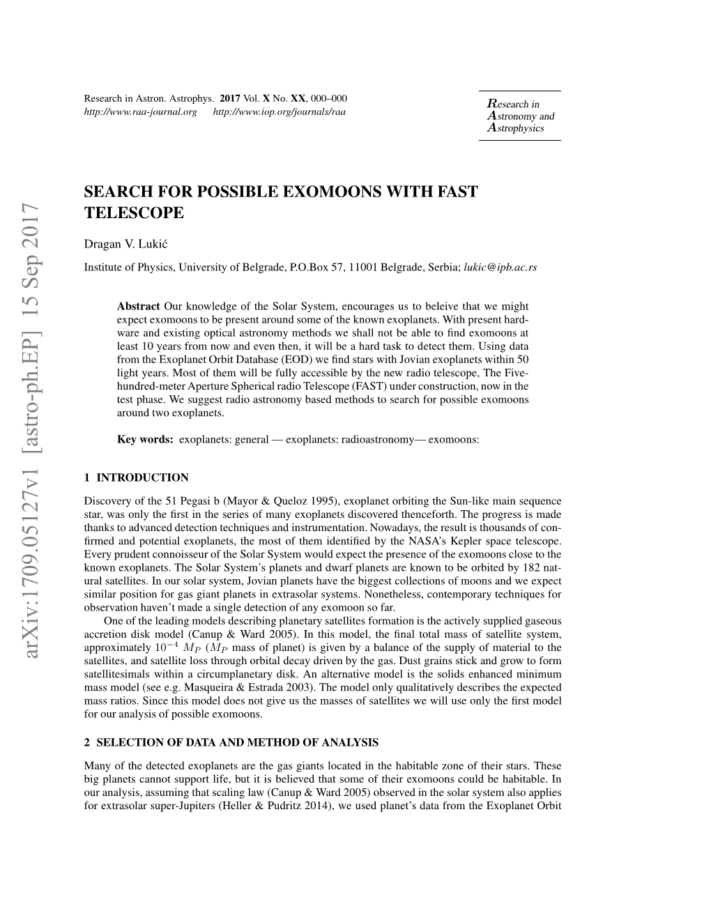 Arxiv:1709.05127V1 [Astro-Ph.EP] 15 Sep 2017 Nttt Fpyis Nvriyo Egae ..O 7 1 57, P.O.Box Belgrade, of University Physics, of Institute Luki´C V