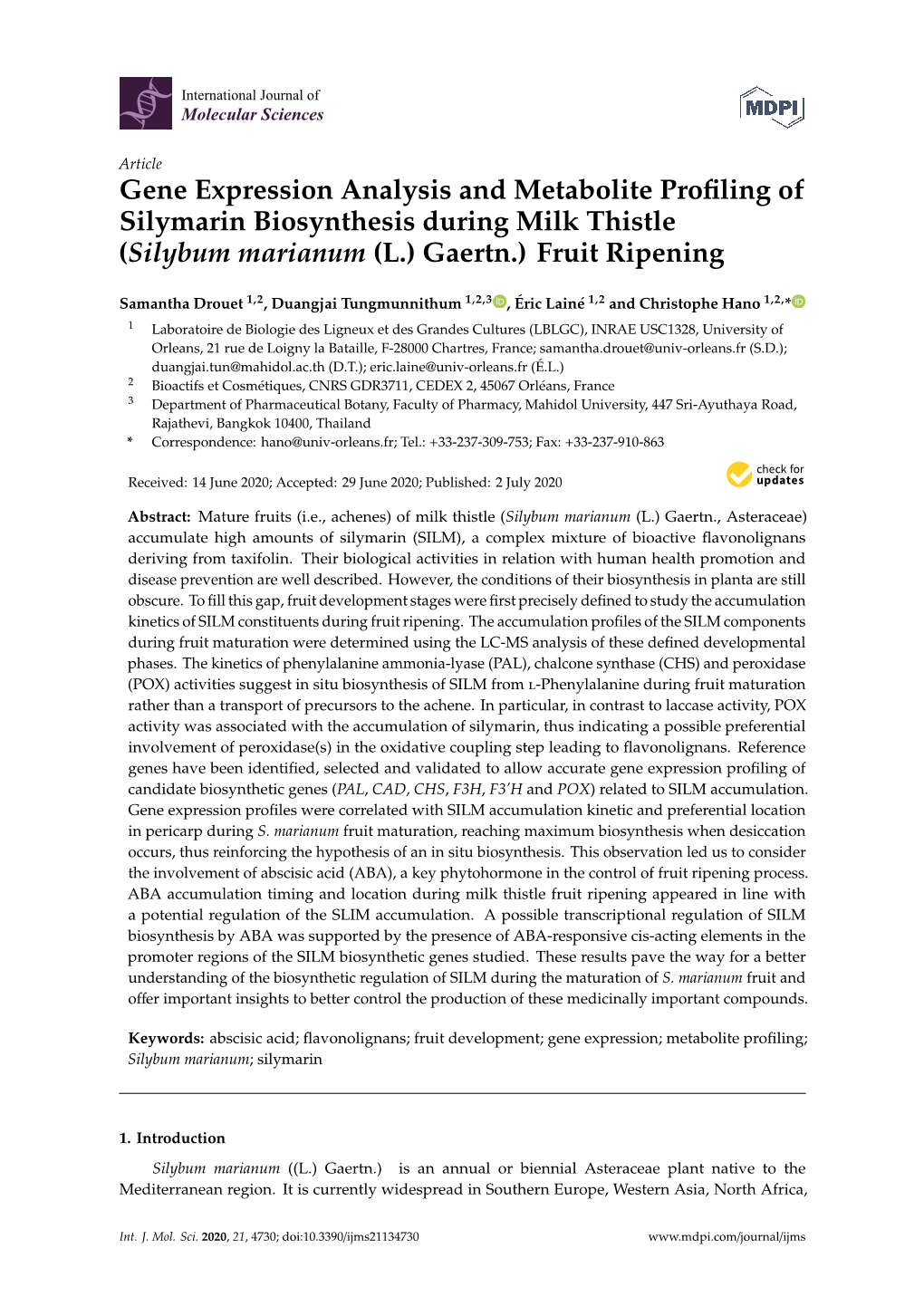 Gene Expression Analysis and Metabolite Profiling of Silymarin