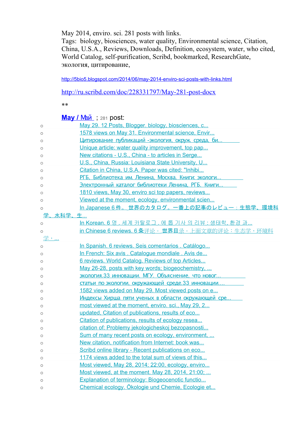 May 2014, Enviro. Sci. 281 Posts with Links