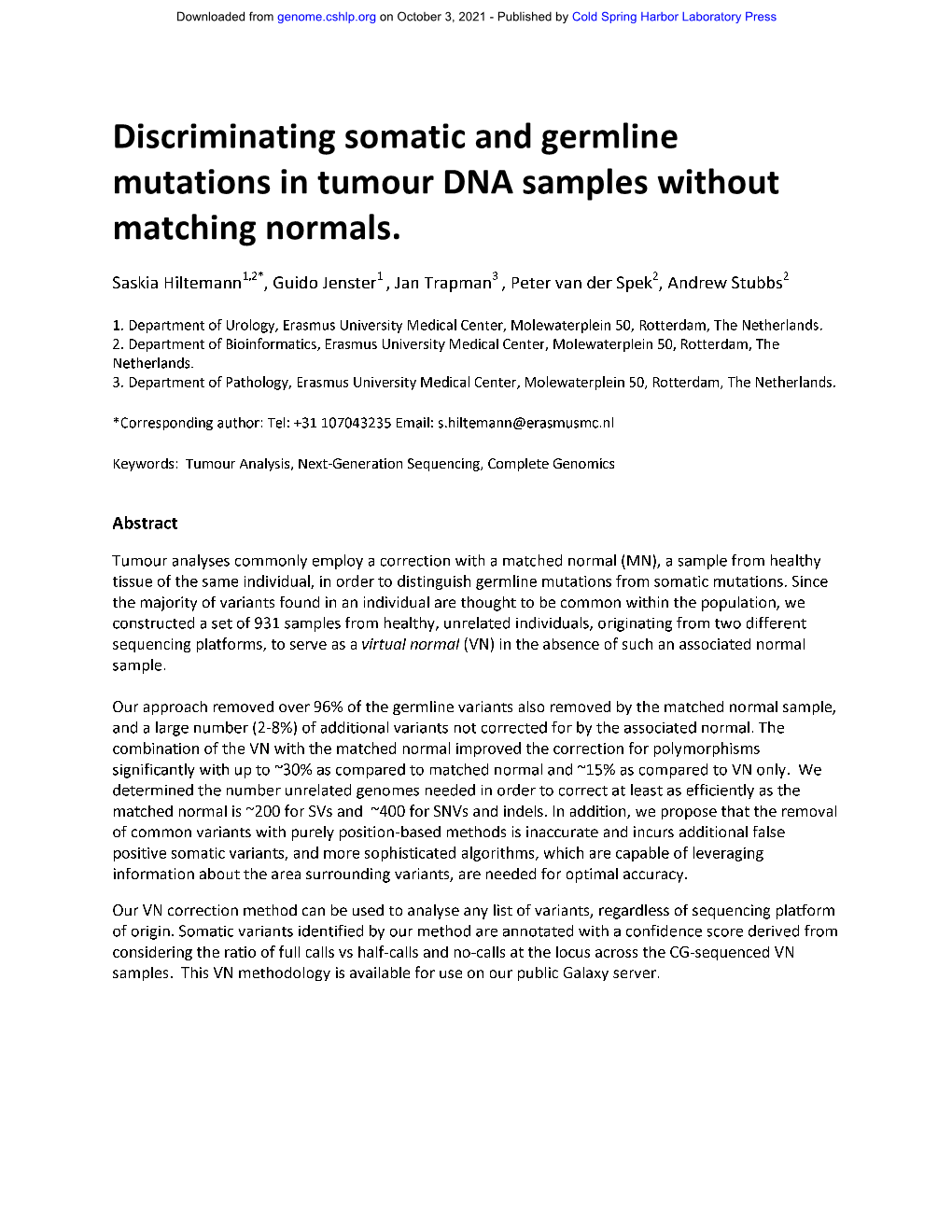 Discriminating Somatic and Germline Mutations in Tumour DNA Samples Without Matching Normals