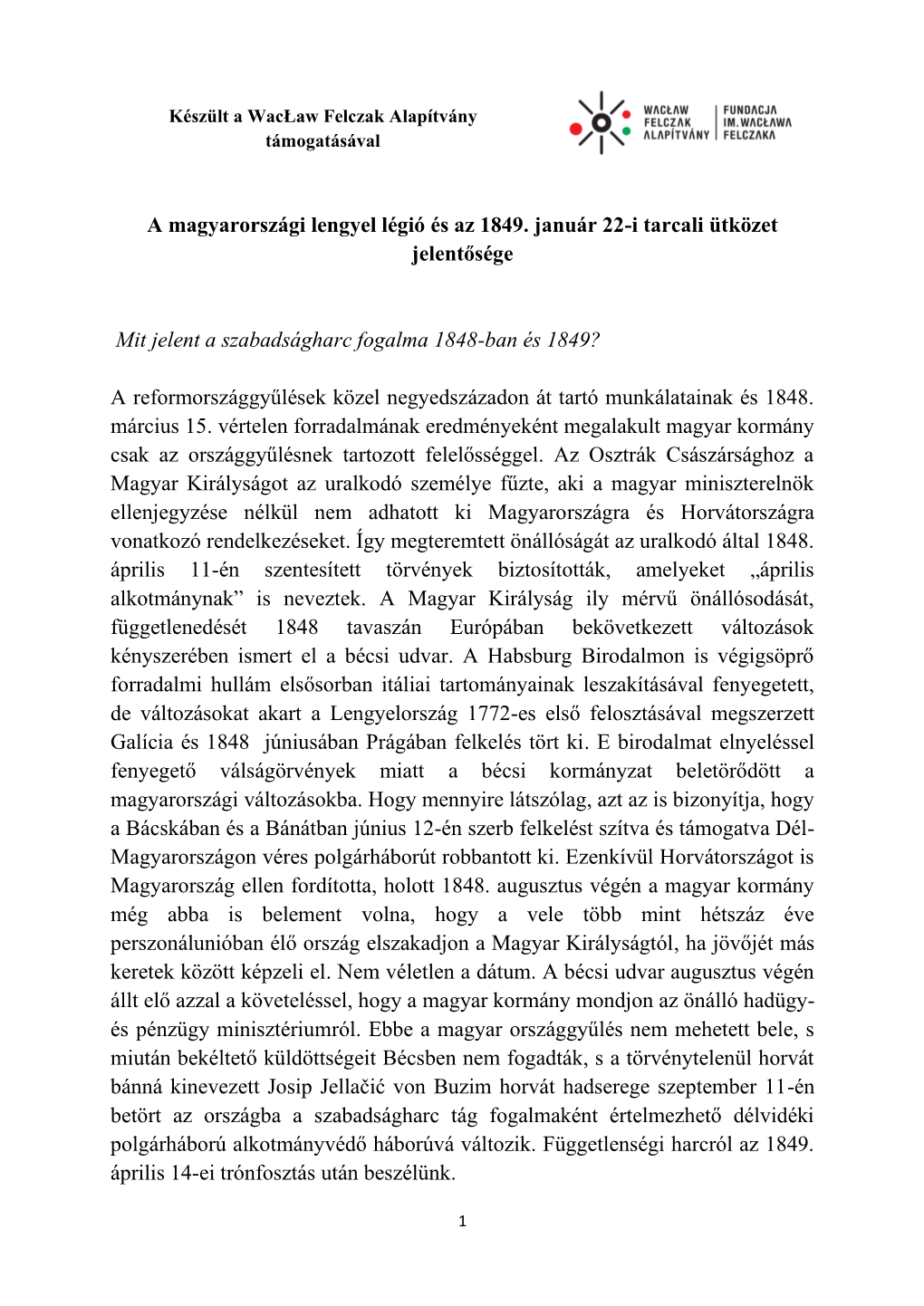 A Magyarországi Lengyel Légió És Az 1849. Január 22-I Tarcali Ütközet Jelentősége