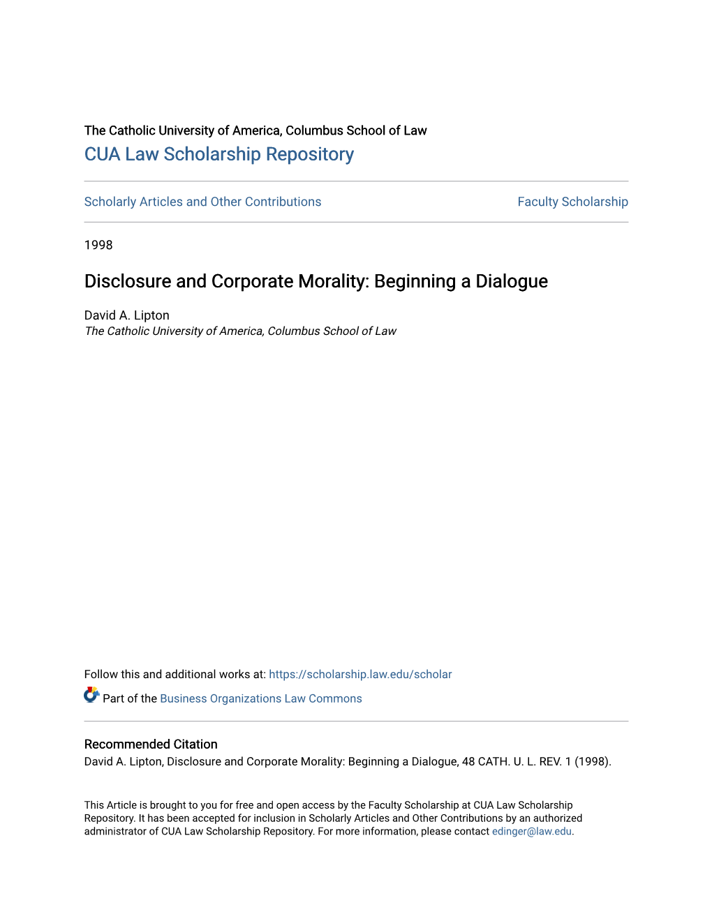 Disclosure and Corporate Morality: Beginning a Dialogue