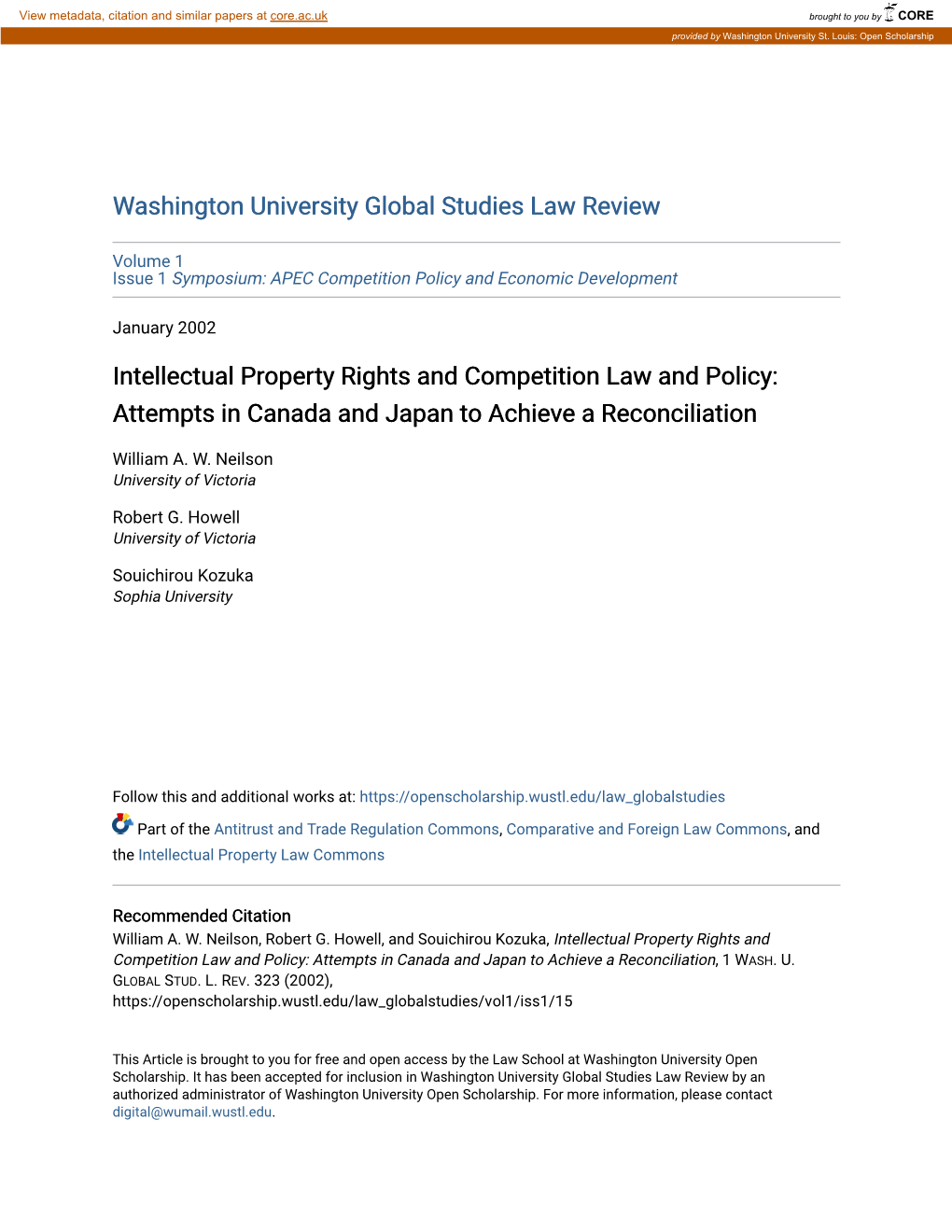 Intellectual Property Rights and Competition Law and Policy: Attempts in Canada and Japan to Achieve a Reconciliation