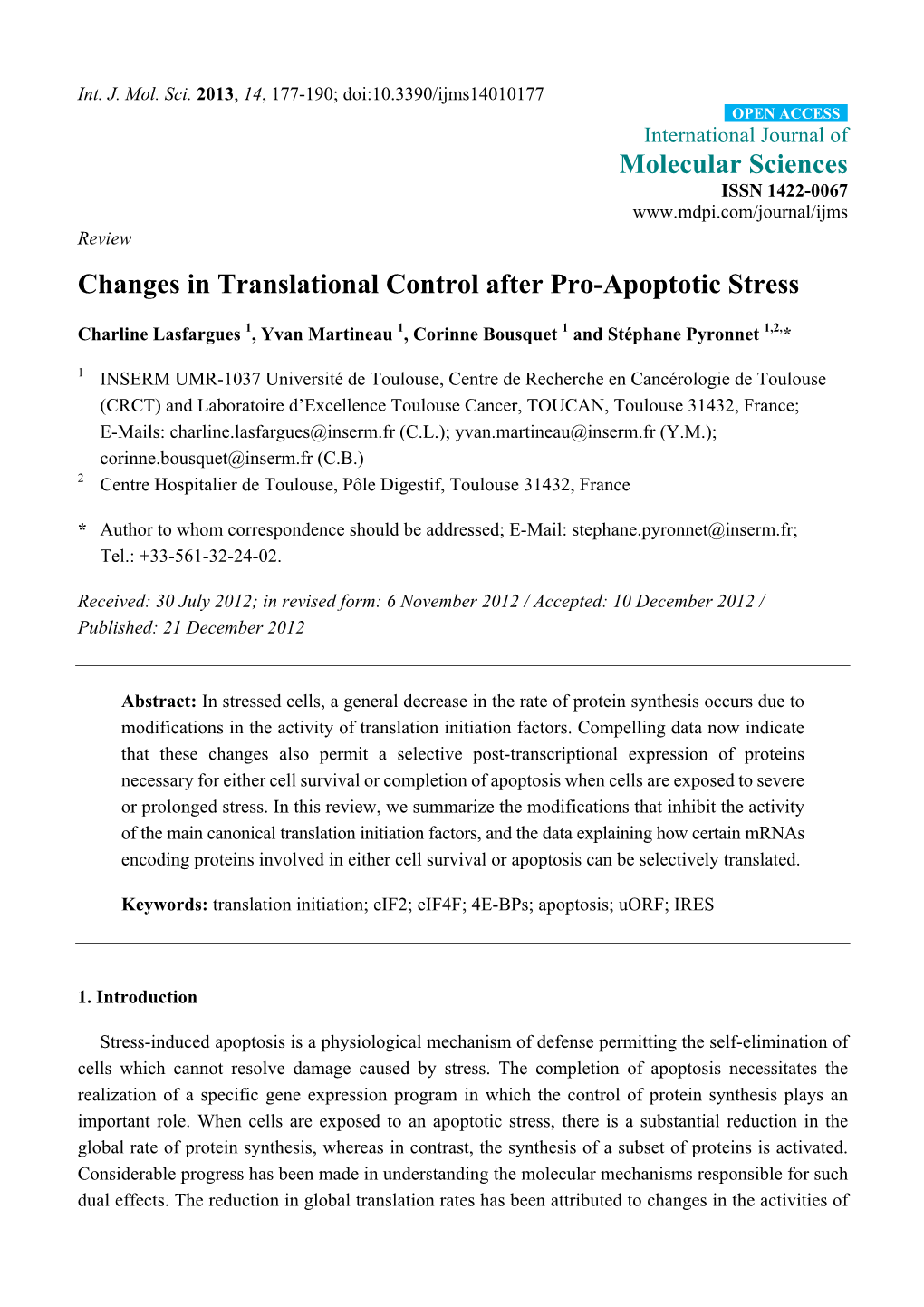 Changes in Translational Control After Pro-Apoptotic Stress