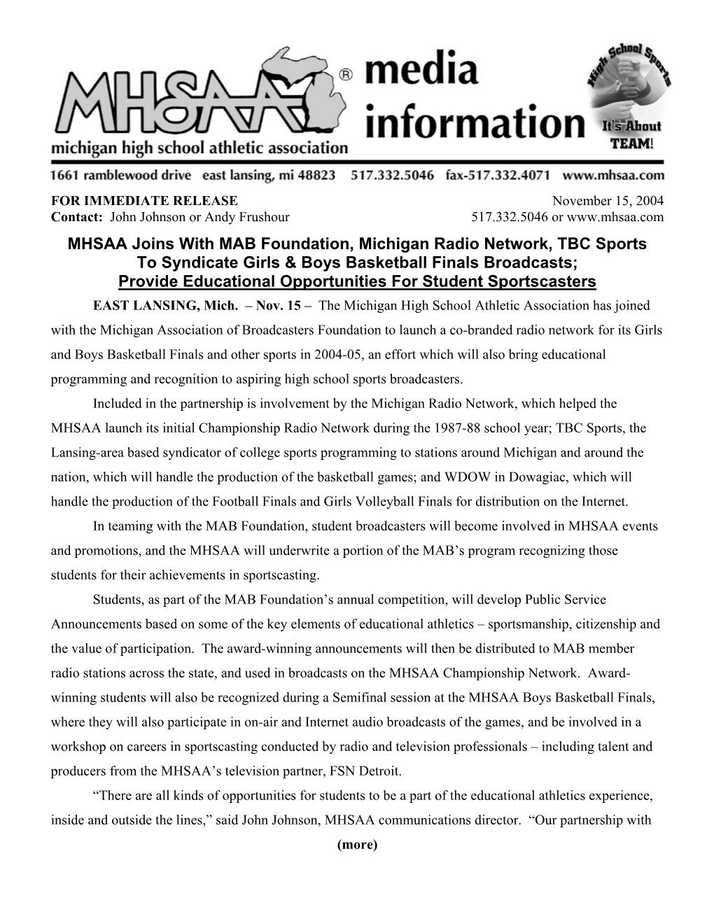 MHSAA Joins with MAB Foundation, Michigan Radio Network, TBC