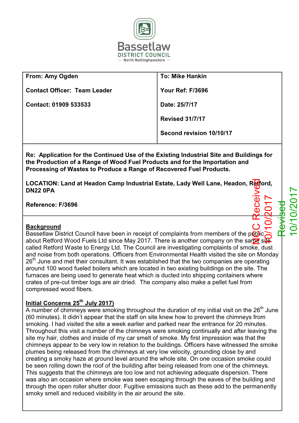 Bassetlaw District Council Have Been in Receipt of Complaints from Members of the Public Revised 10/10/2017 About Retford Wood Fuels Ltd Since May 2017