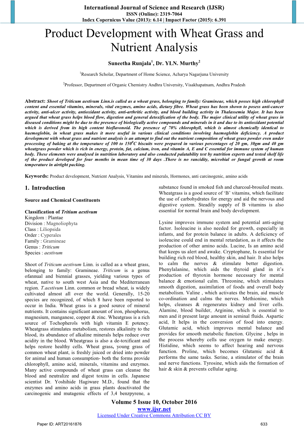 Product Development with Wheat Grass and Nutrient Analysis