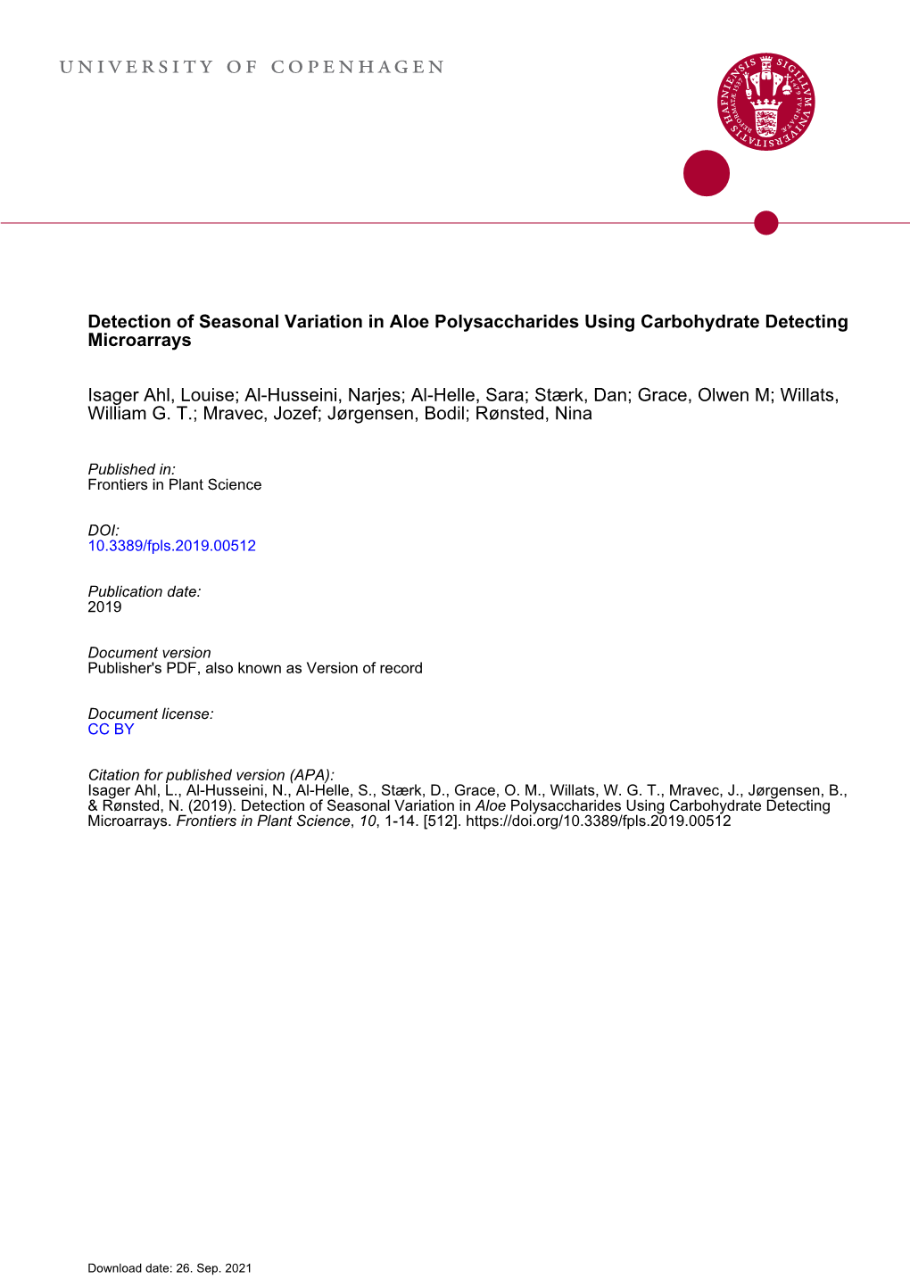 Detection of Seasonal Variation in Aloe Polysaccharides Using Carbohydrate Detecting Microarrays