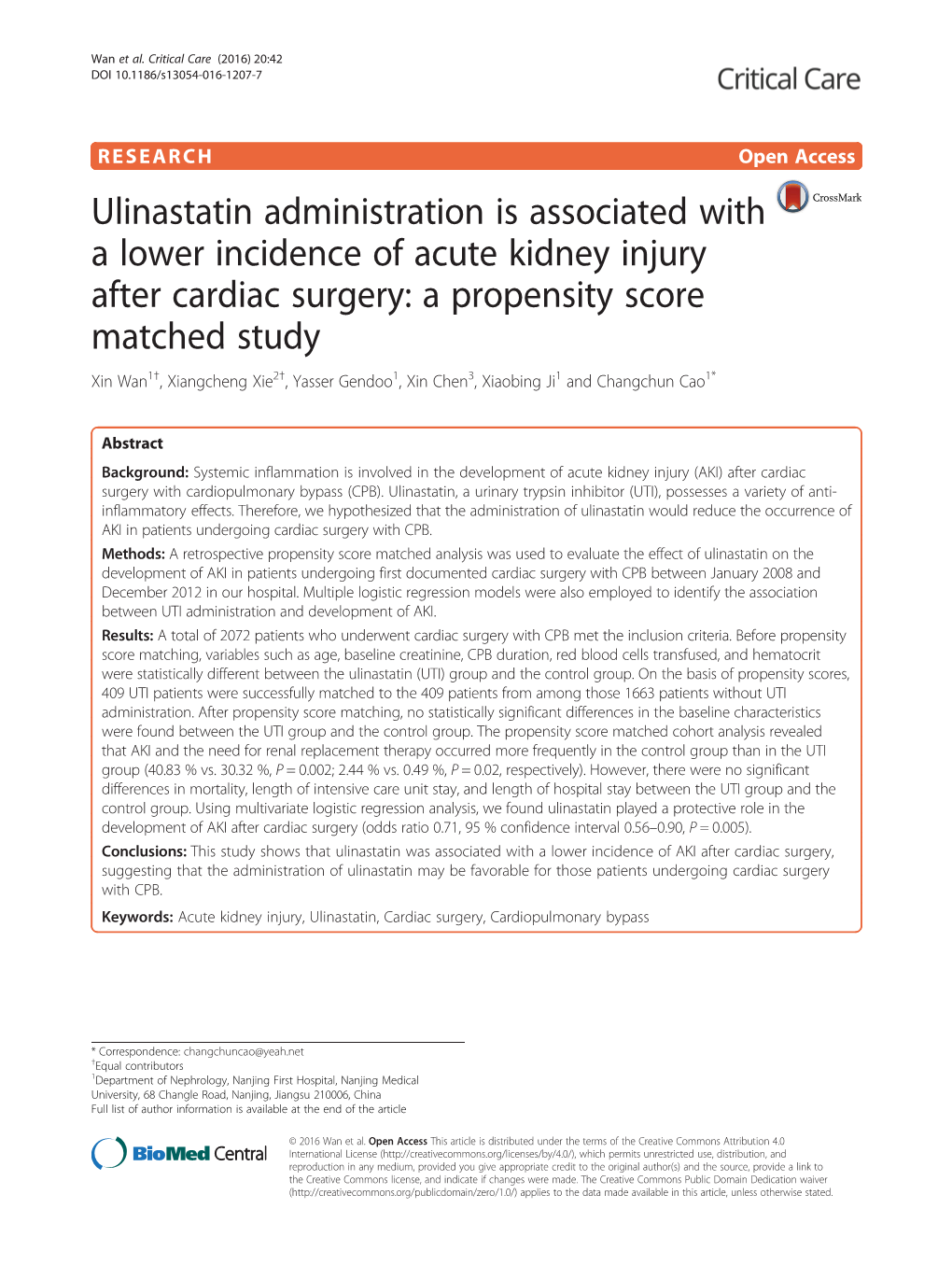 Ulinastatin Administration Is Associated with a Lower Incidence of Acute Kidney Injury After Cardiac Surgery: a Propensity Score