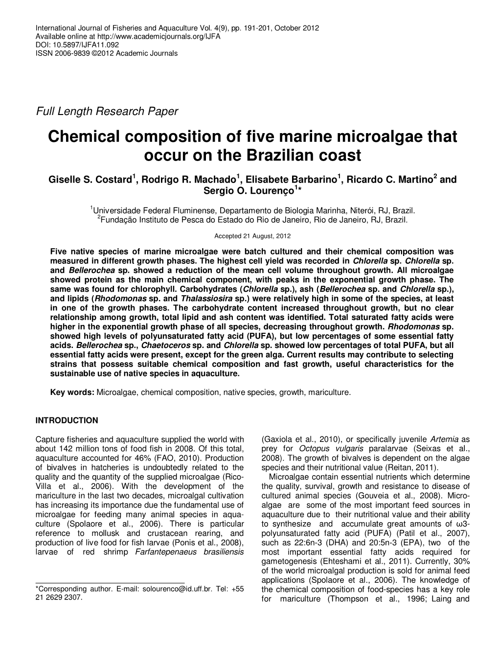 Chemical Composition of Five Marine Microalgae That Occur on the Brazilian Coast
