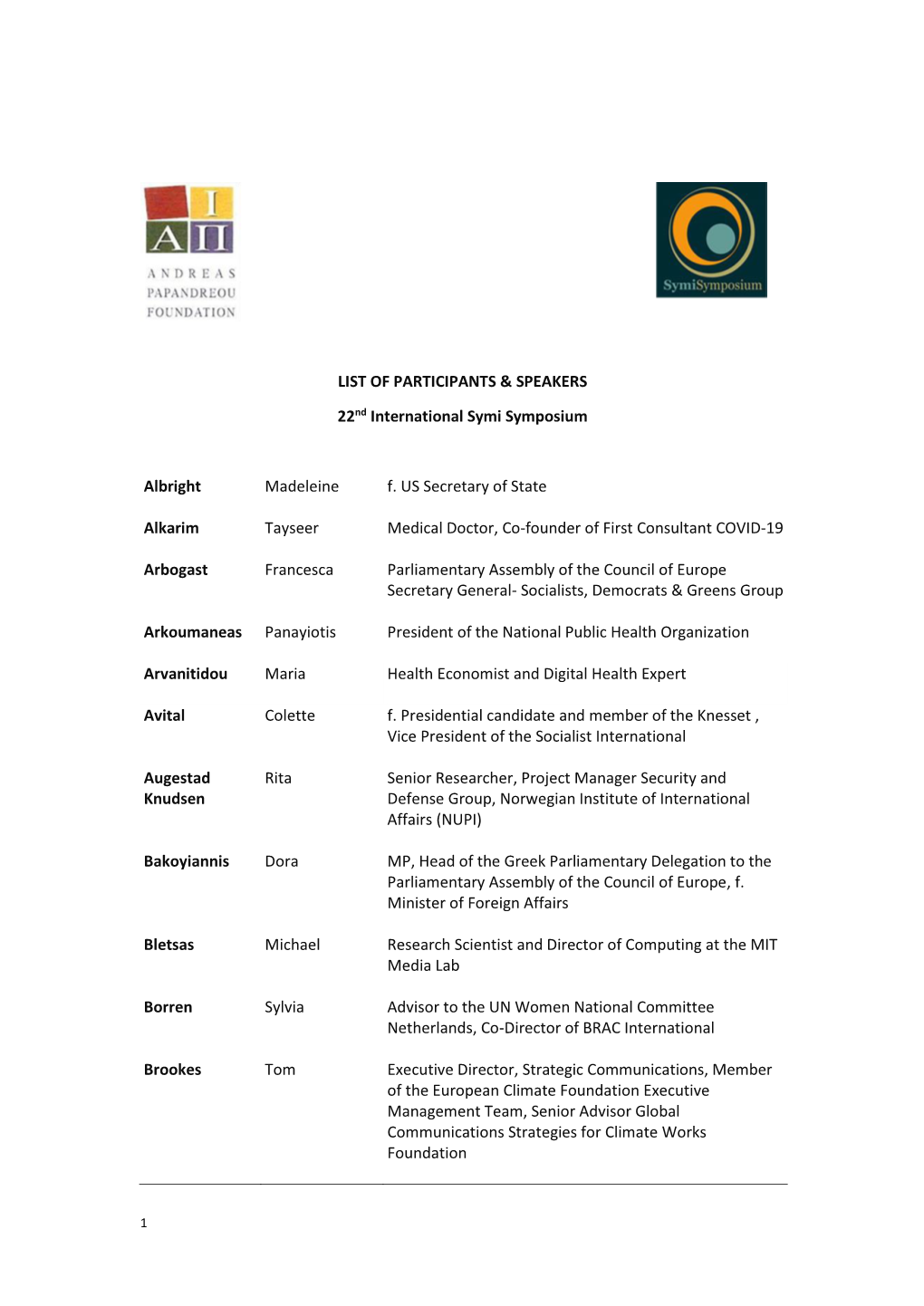 LIST of PARTICIPANTS & SPEAKERS 22Nd International