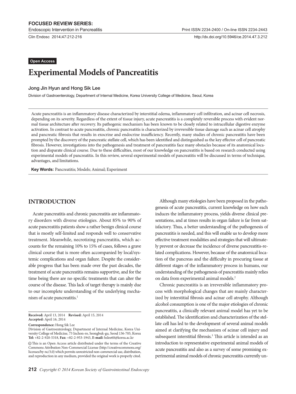 Experimental Models of Pancreatitis
