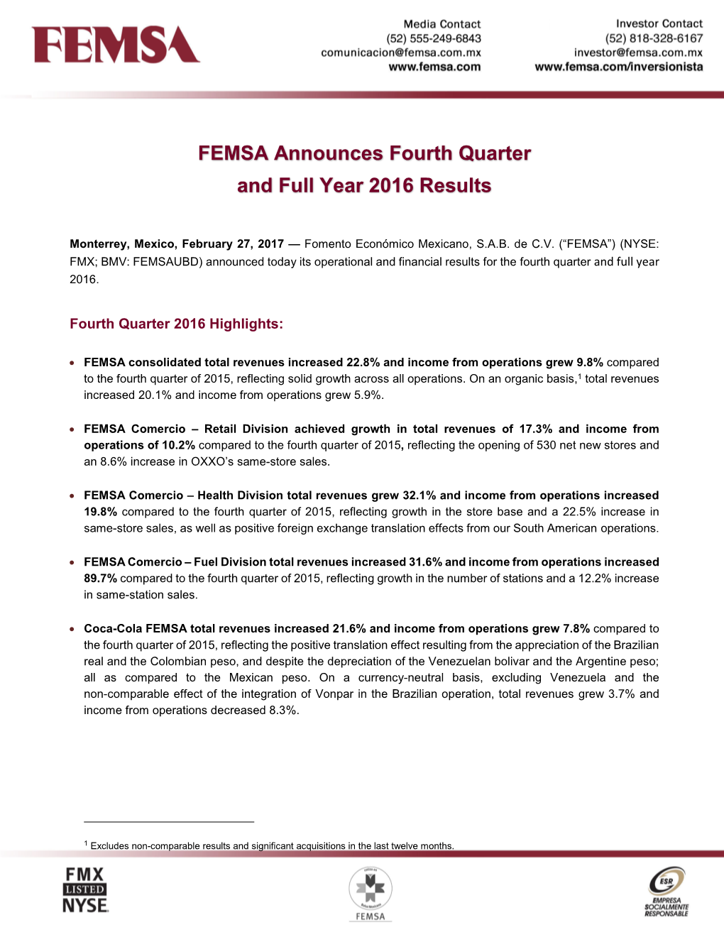 FEMSA Announces Fourth Quarter and Full Year 2016 Results