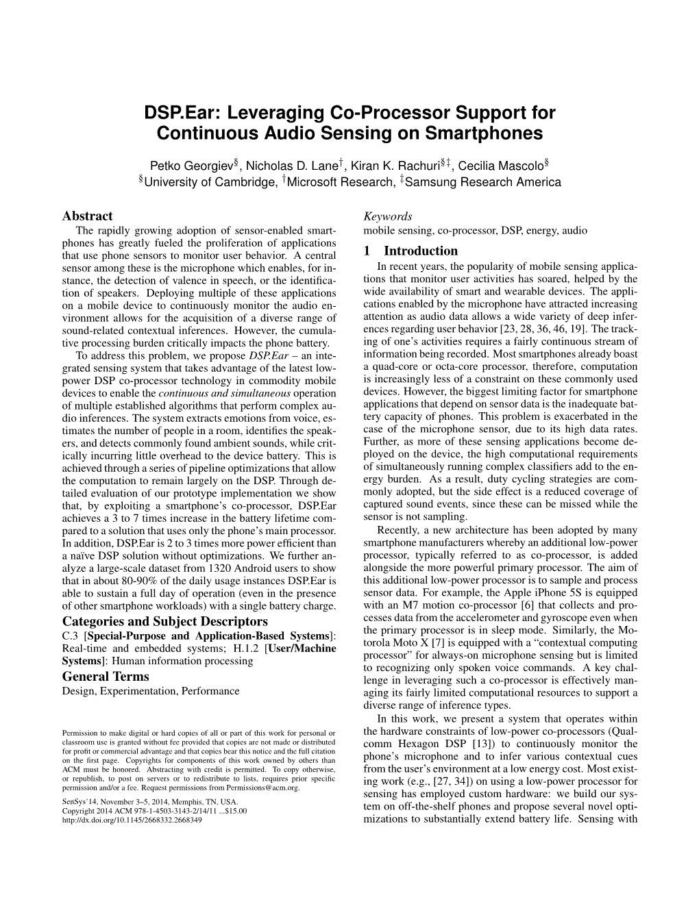 DSP.Ear: Leveraging Co-Processor Support for Continuous Audio Sensing on Smartphones