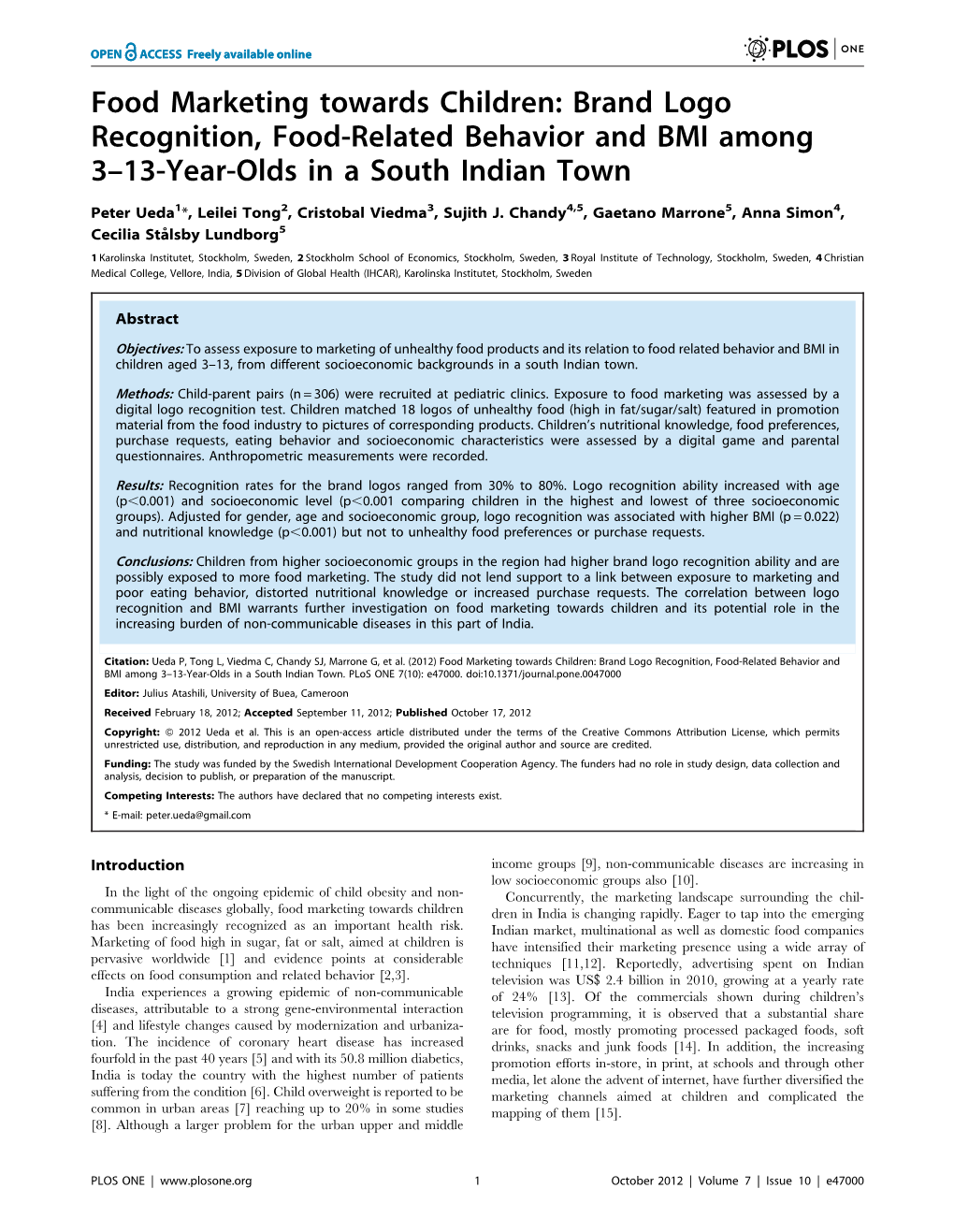 Brand Logo Recognition, Food-Related Behavior and BMI Among 3–13-Year-Olds in a South Indian Town