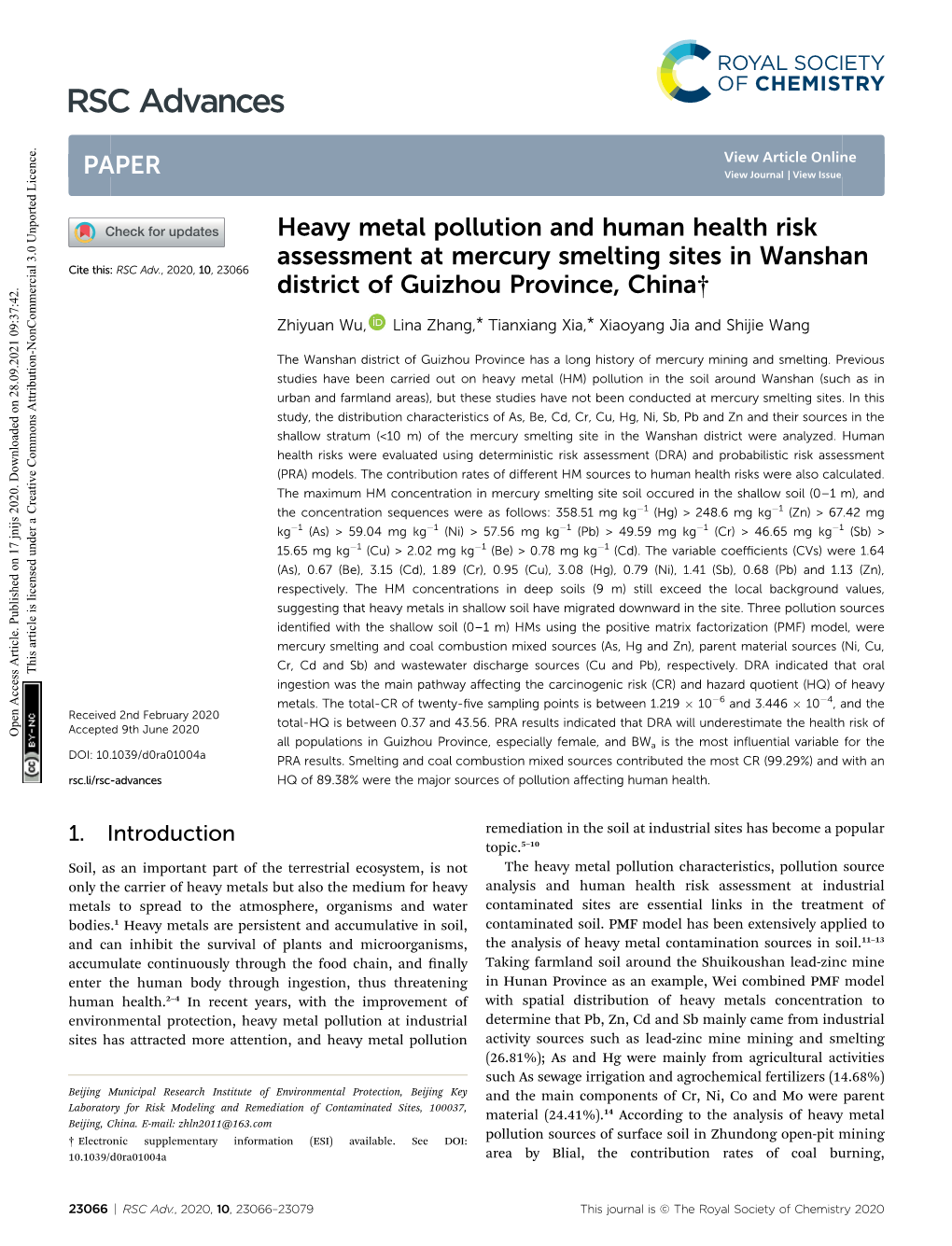 Heavy Metal Pollution and Human Health Risk Assessment at Mercury Smelting Sites in Wanshan Cite This: RSC Adv., 2020, 10,23066 District of Guizhou Province, China†