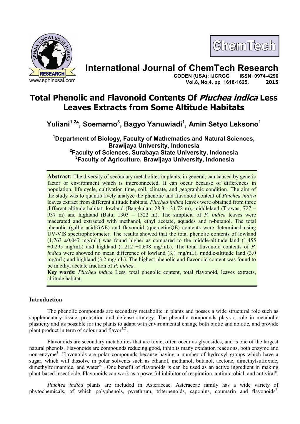 Total Phenolic and Flavonoid Contents of Pluchea Indica Less Leaves Extracts from Some Altitude Habitats