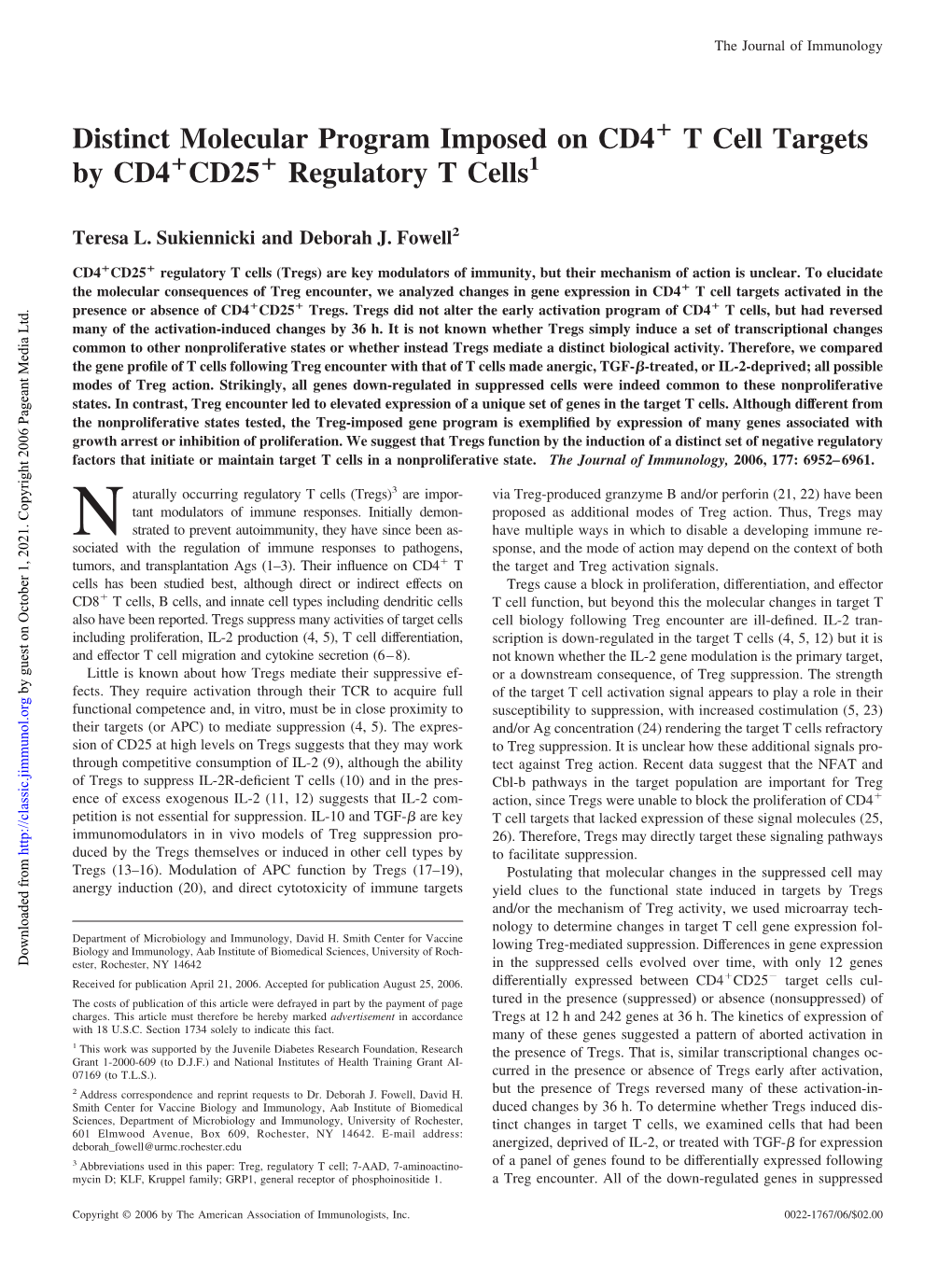 T Cells Regulatory + CD25 + T Cell Targets by CD4 + Distinct Molecular