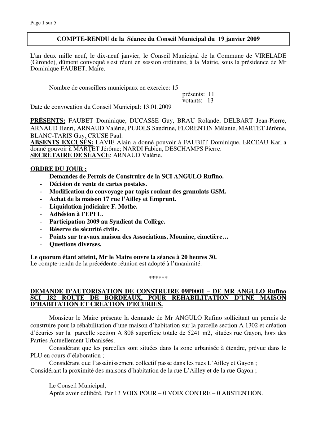 COMPTE-RENDU De La Séance Du Conseil Municipal Du 19 Janvier 2009