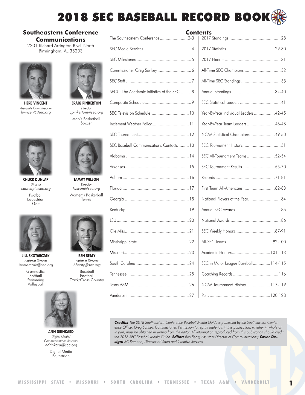 2018 SEC BASEBALL RECORD BOOK Southeastern Conference Contents Communications the Southeastern Conference