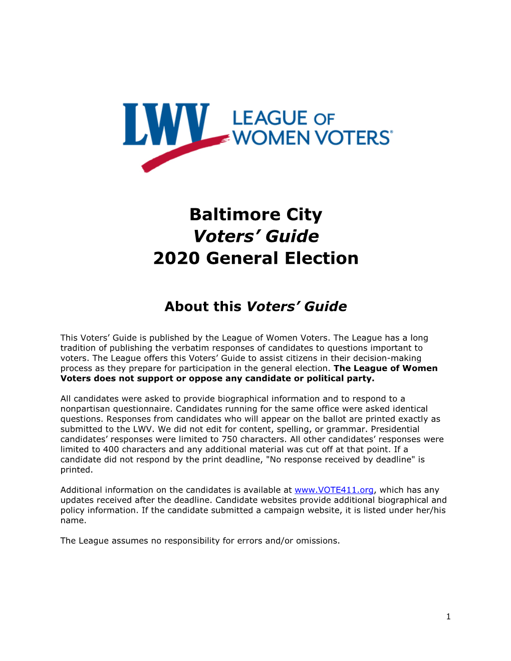 Baltimore City Voters' Guide 2020 Election