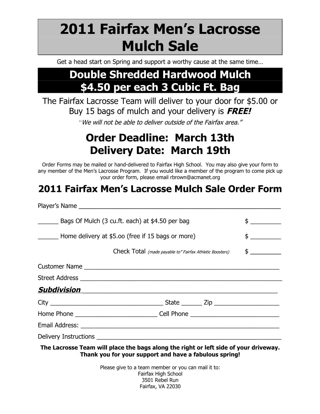 Fairfax Lacrosse Mulch Sale