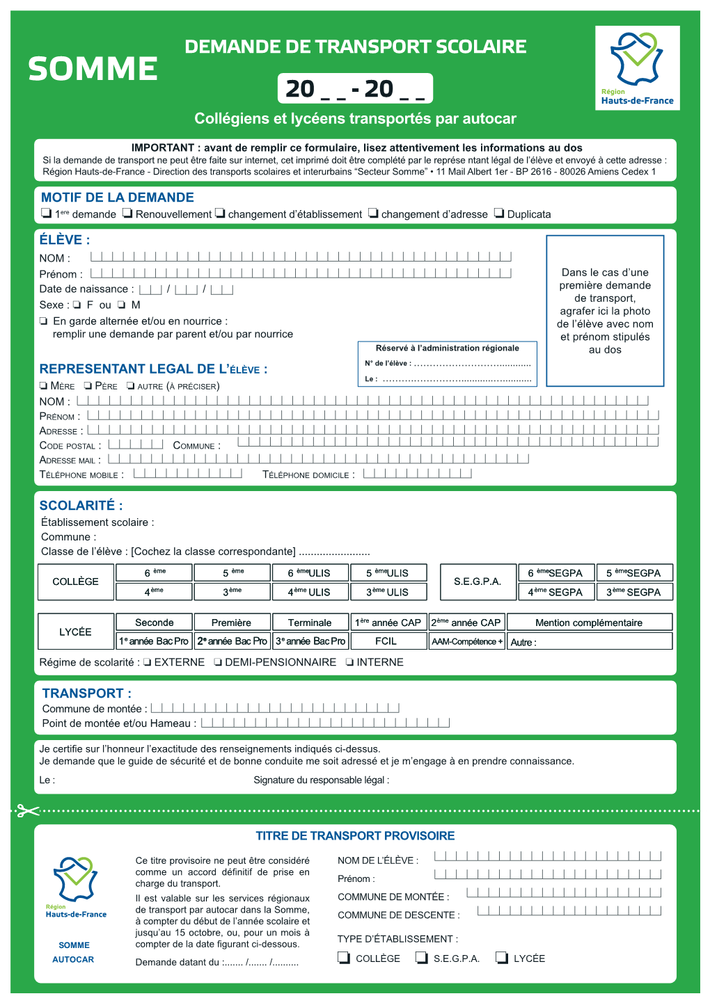 DEMANDE DE TRANSPORT SCOLAIRE SOMME 20 - 20 Collégiens Et Lycéens Transportés Par Autocar