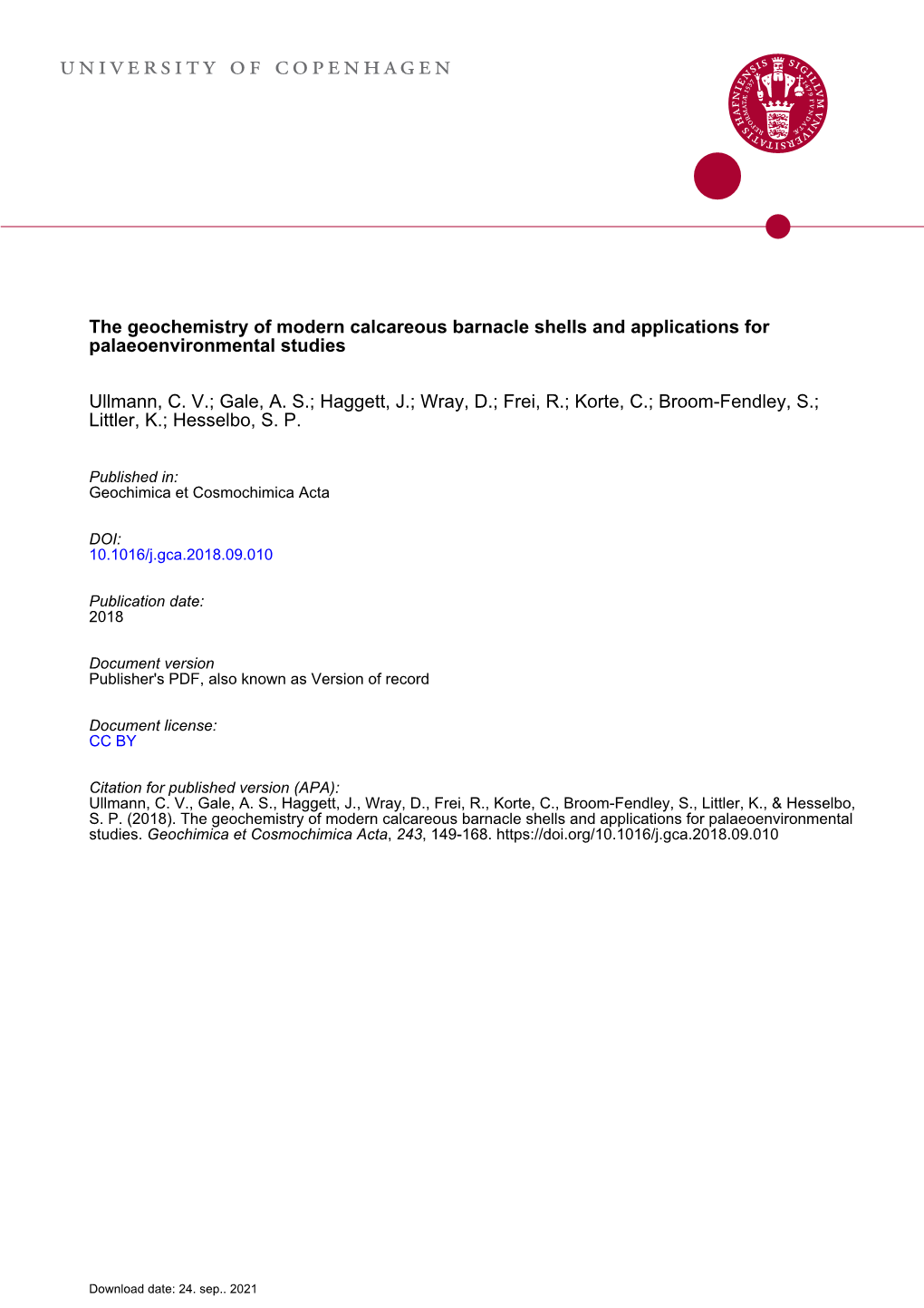 The Geochemistry of Modern Calcareous Barnacle Shells and Applications for Palaeoenvironmental Studies