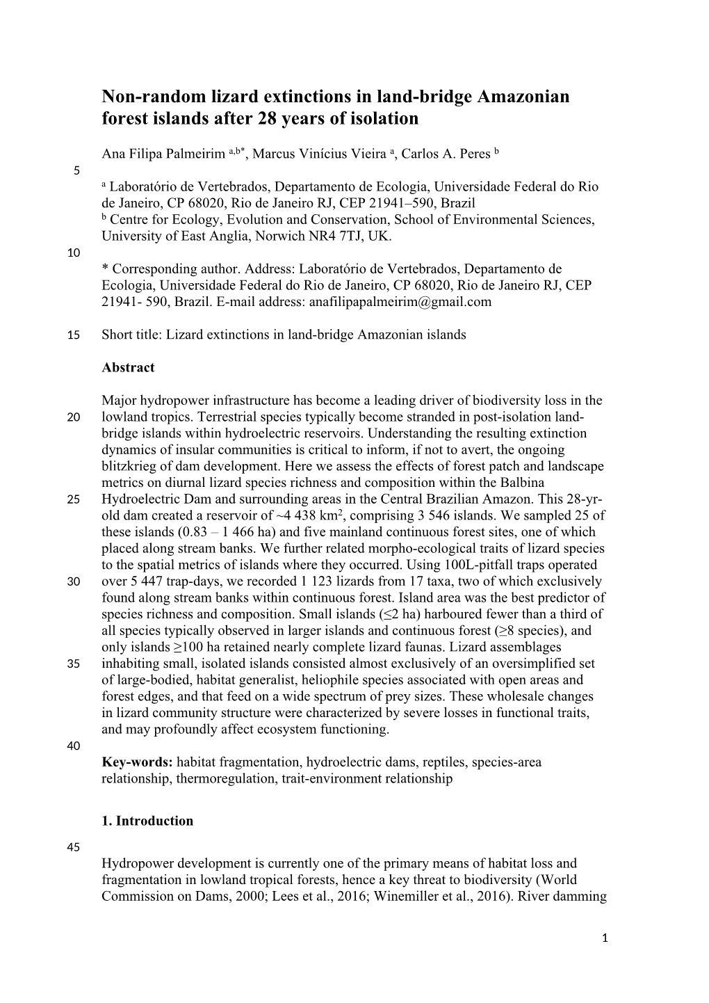 Non-Random Lizard Extinctions in Land-Bridge Amazonian Forest Islands After 28 Years of Isolation