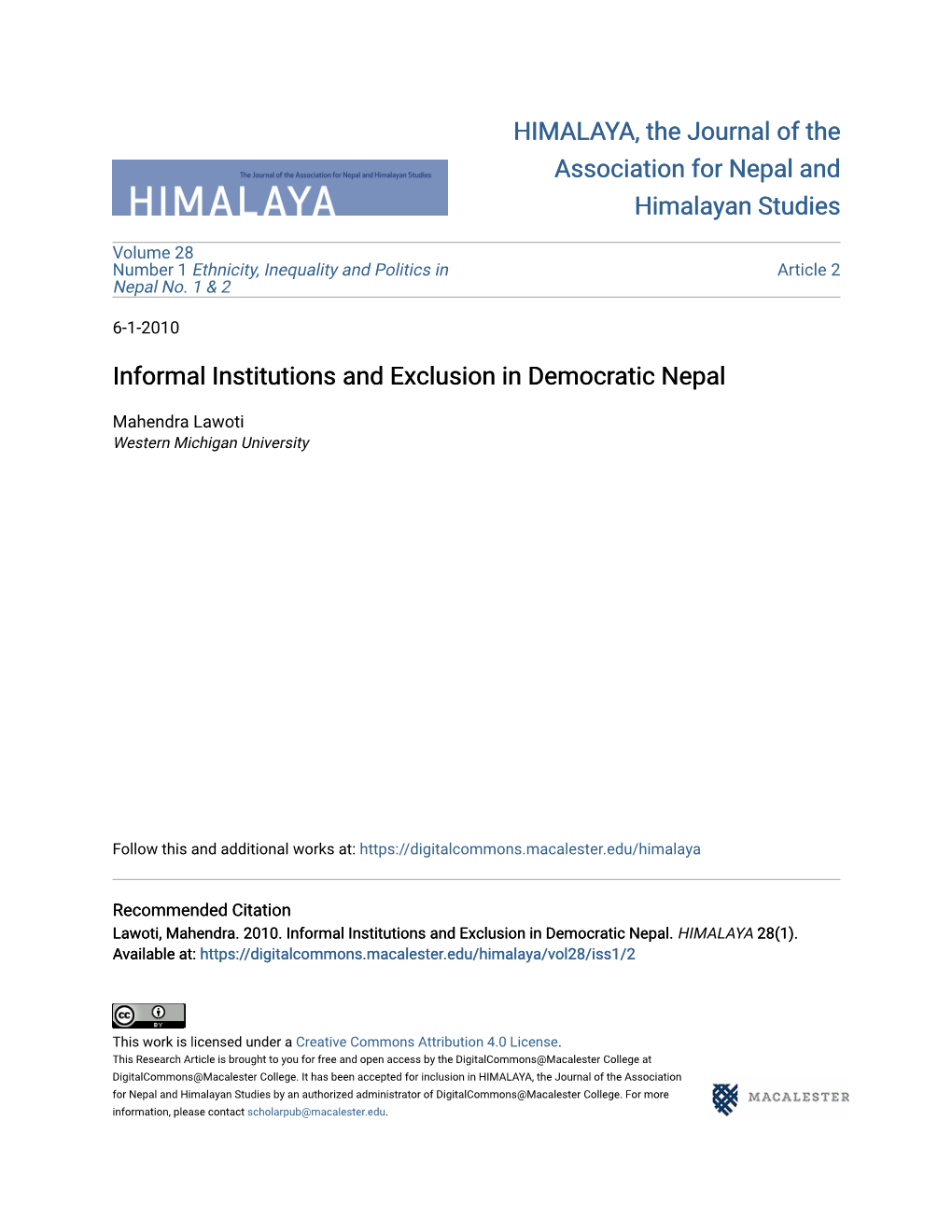 Informal Institutions and Exclusion in Democratic Nepal