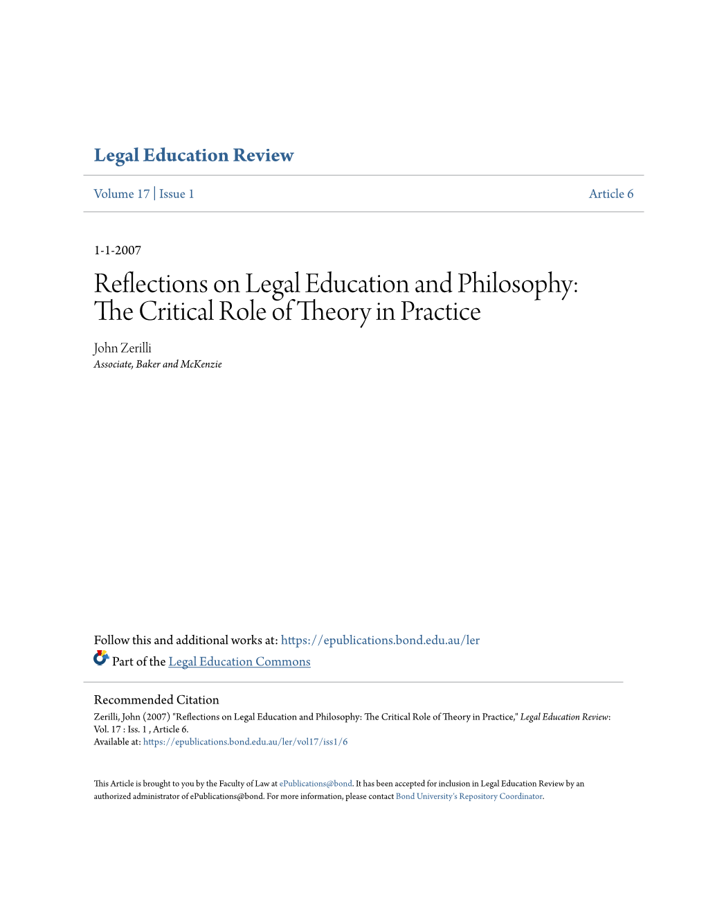 Reflections on Legal Education and Philosophy: the Critical Role of Theory in Practice