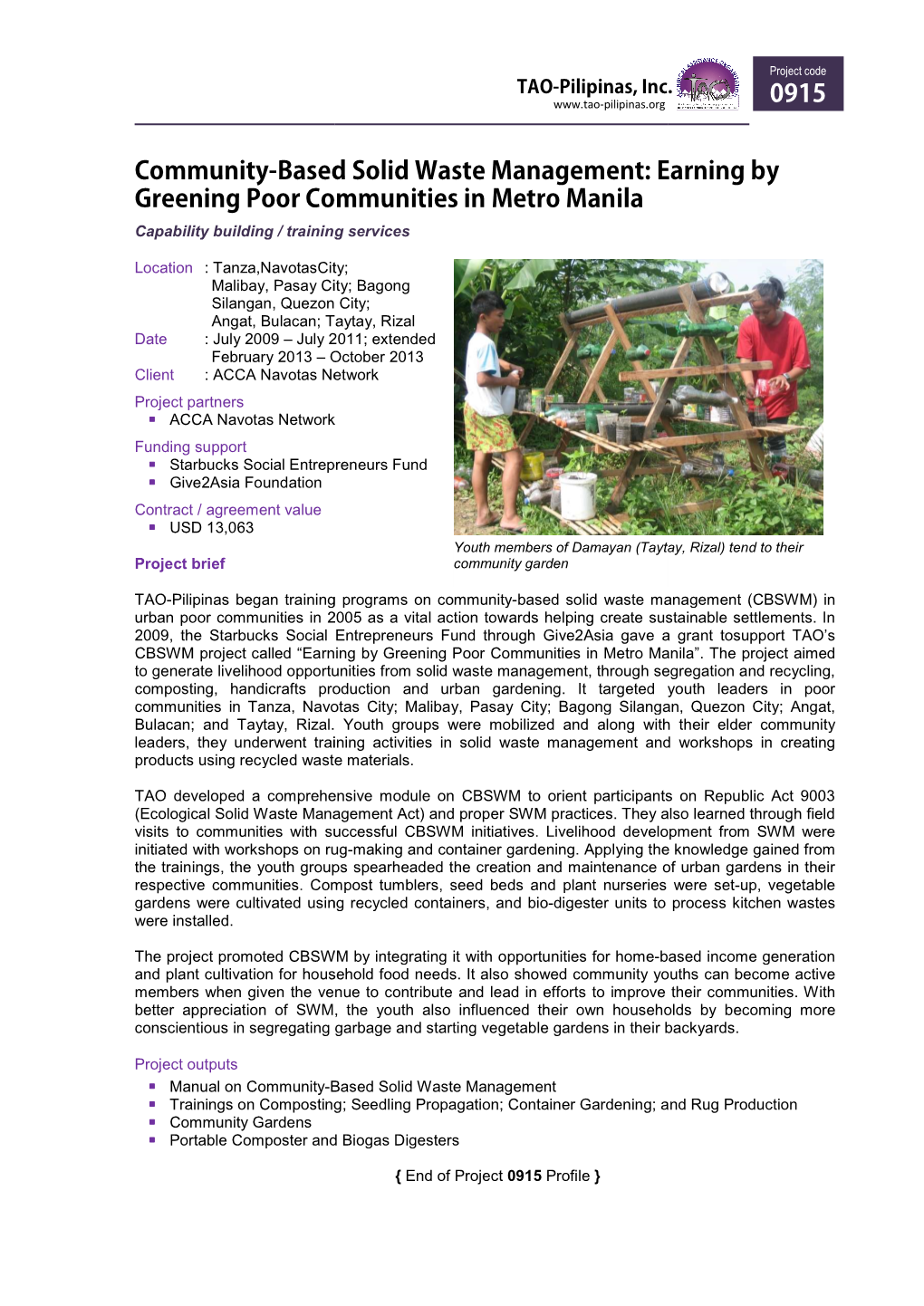 Community-Based Solid Waste Management: Earning by Greening Poor Communities in Metro Manila Capability Building / Training Services