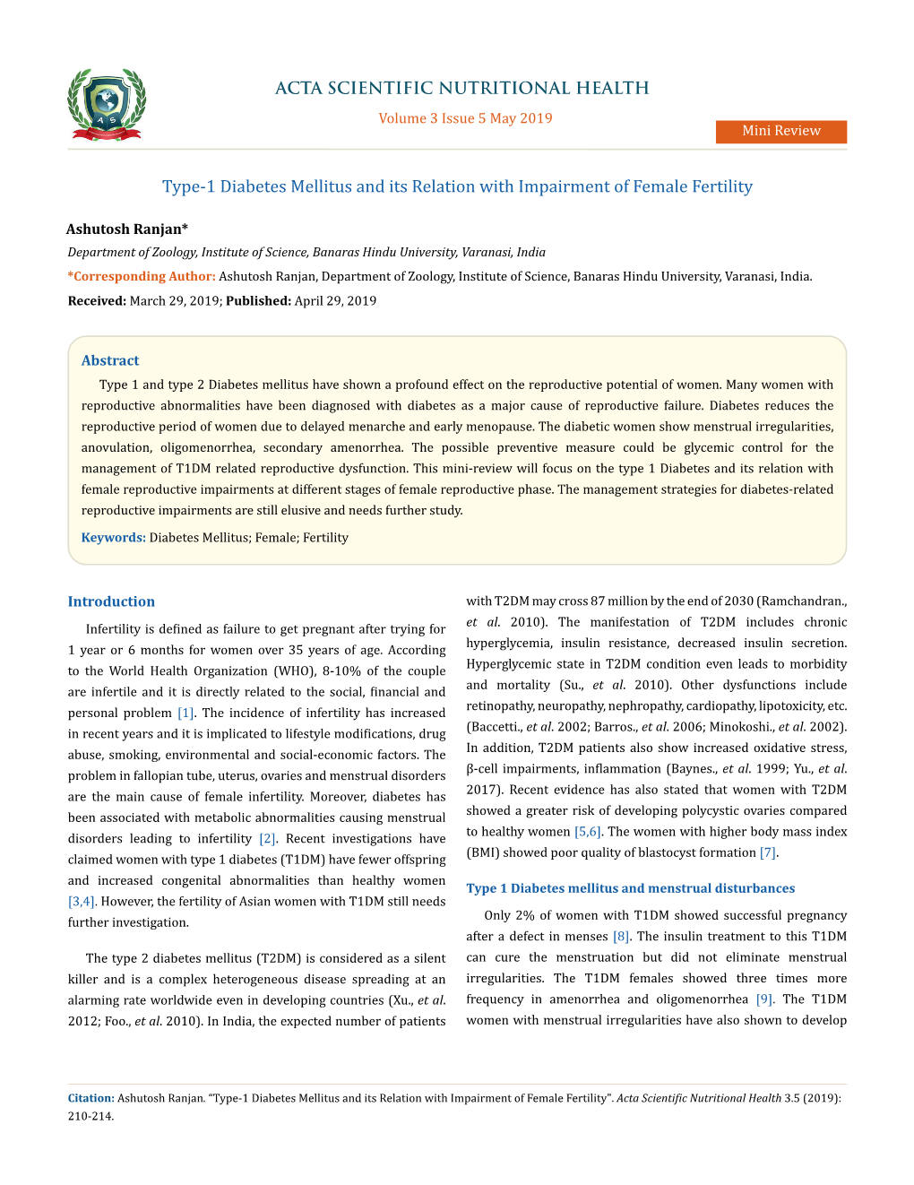 Type-1 Diabetes Mellitus and Its Relation with Impairment of Female Fertility