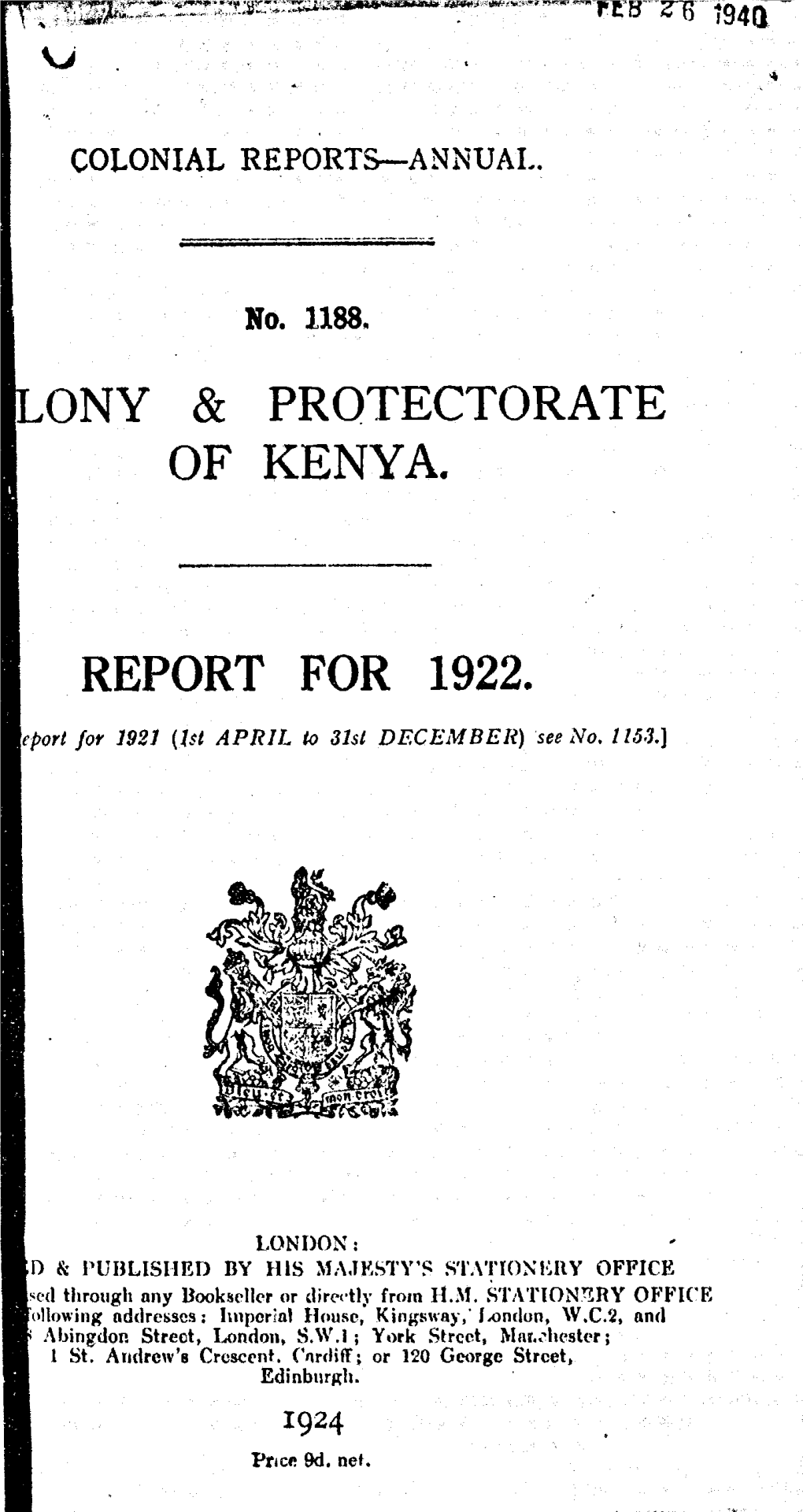 Annual Report of the Colonies, Kenya, 1922