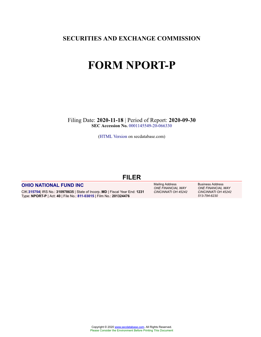 OHIO NATIONAL FUND INC Form NPORT-P Filed 2020-11-18